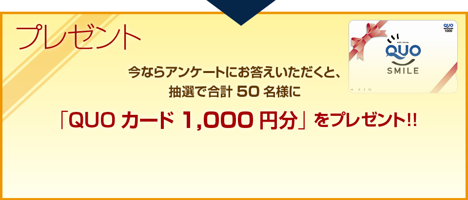 プレゼント,今ならアンケートにお答えいただくと、抽選で合計50名様に「QUOカード1,000円分」をプレゼント！！